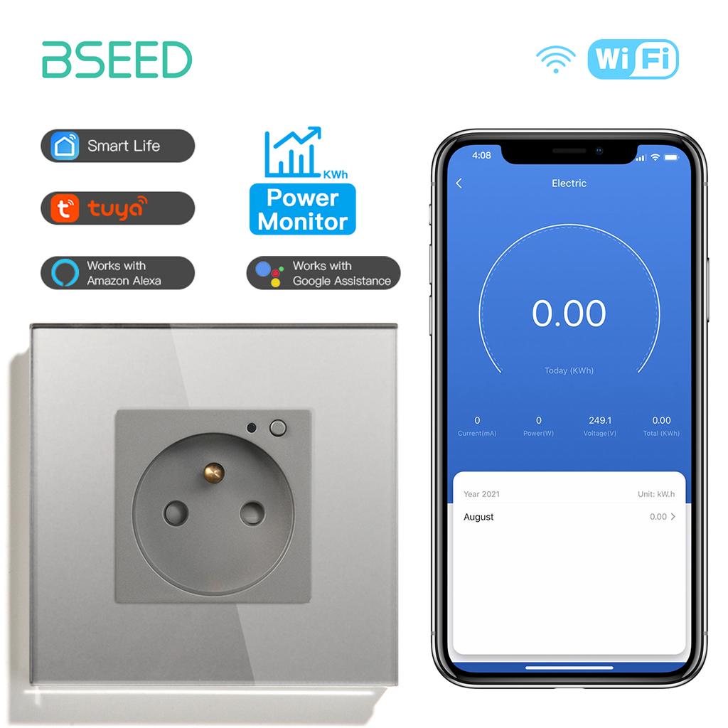 BSEED Single Wifi French Socket Double Power Monitor Wall Sockets Triple Smart Outlets Glass Frame Tuya Smart Life Control