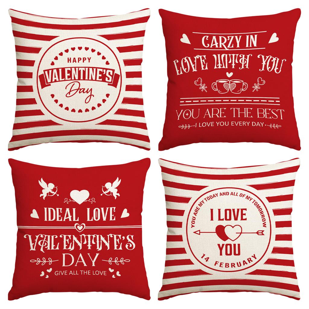4Pcs Valentine'S Day Red Heart And Cute Black Cat Pattern Pillow Cover, Used For Living Room And Sofa, (Excluding Pillow Core)