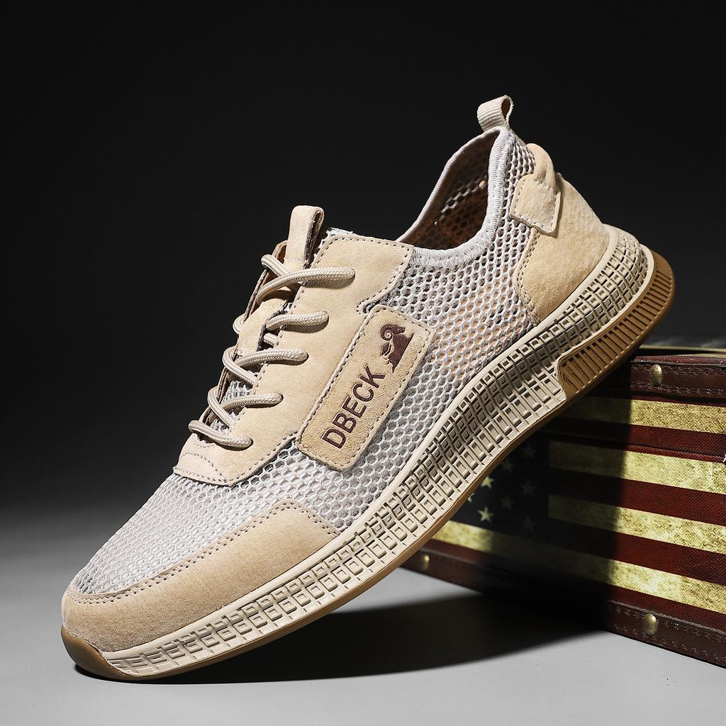 Spring and Summer New Top Layer Leather Board Shoes Breathable Mesh Surface Shoes Hollow Out Outdoor Casual Shoes Plus Size Men