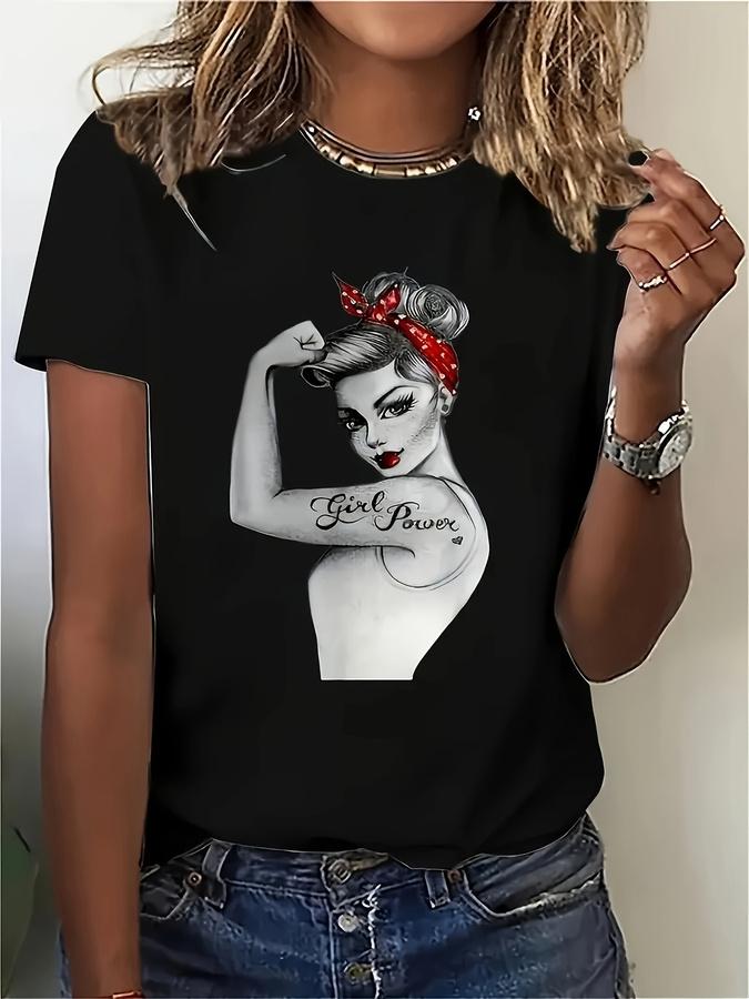 Wo's Rosie the Riveter 'We Can Do It!' Vintage T-Shirt - Iconic Pin-Up Design with Red Bandana & Polka Bow, Stretch Short Sleeve