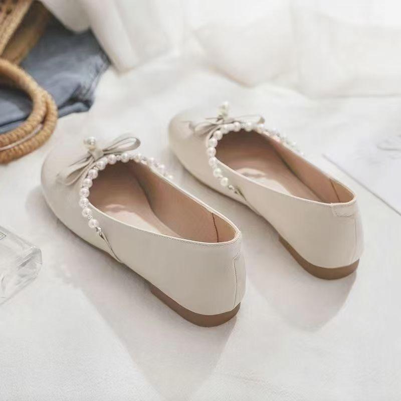 Pearl women's shoes flat-soled single shoes women's round head soft sole 2025 new French Mary Jane shallow mouth shoes