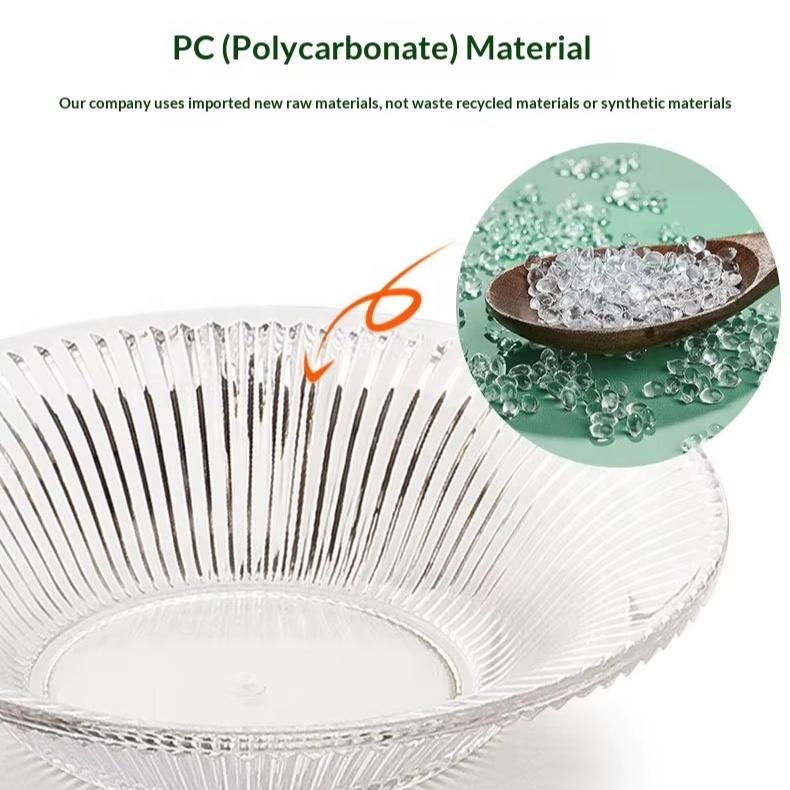 Eco-Friendly Non-Toxic PC Material Transparent Round Large Capacity Fruit Plate for Outdoor Picnic and Commercial Restaurant Use