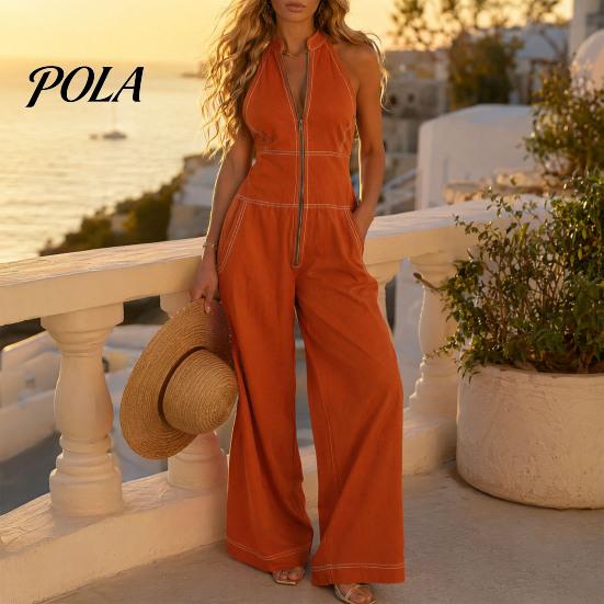 Tuta da donna senza maniche, con zip, colletto alto, pantaloni a gamba larga, Rompers, Abiti estivi casual monopezzo con tasche, Articoli in saldo