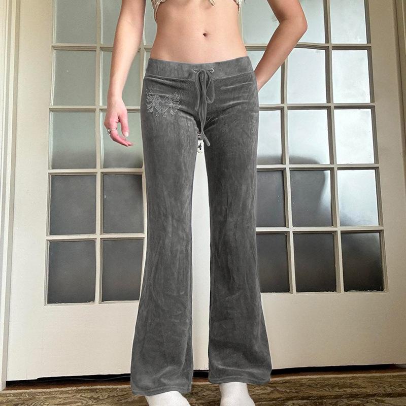 

Retro Rhinestone Flared Pants Lace-up Casual Bottoms S сірий