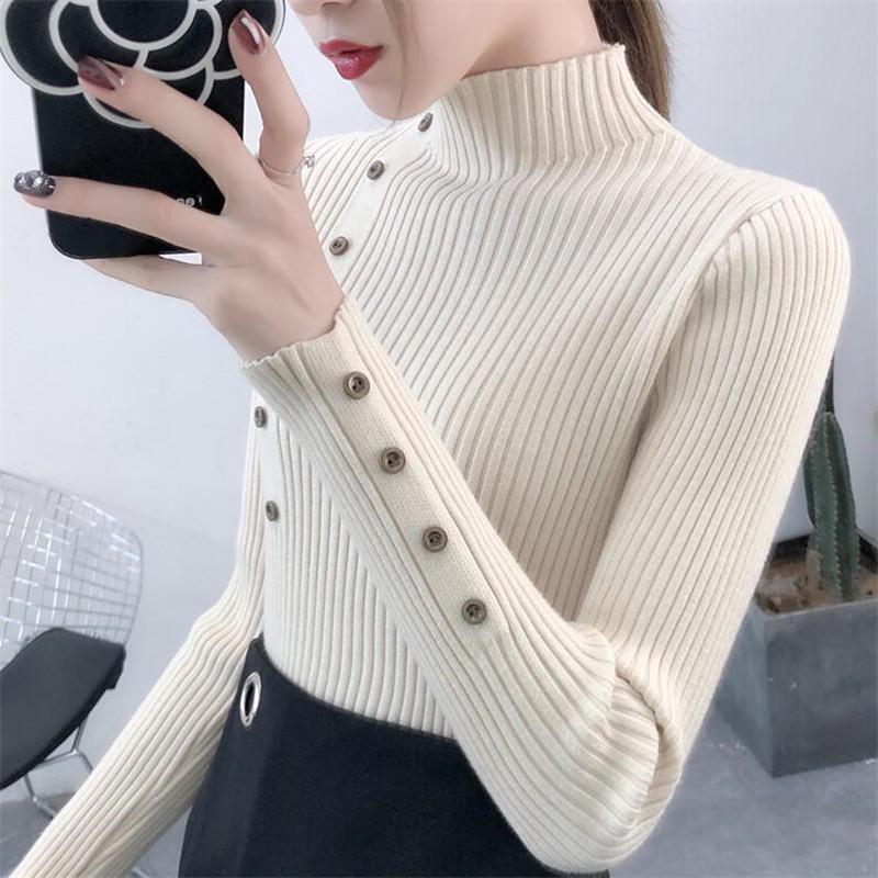 2020 frauen Herbst Gestrickte Pullover Solide Strickte Weibliche Baumwolle Weiche Elastische Farbe Pullover Taste Volle Hülse Rollkragen