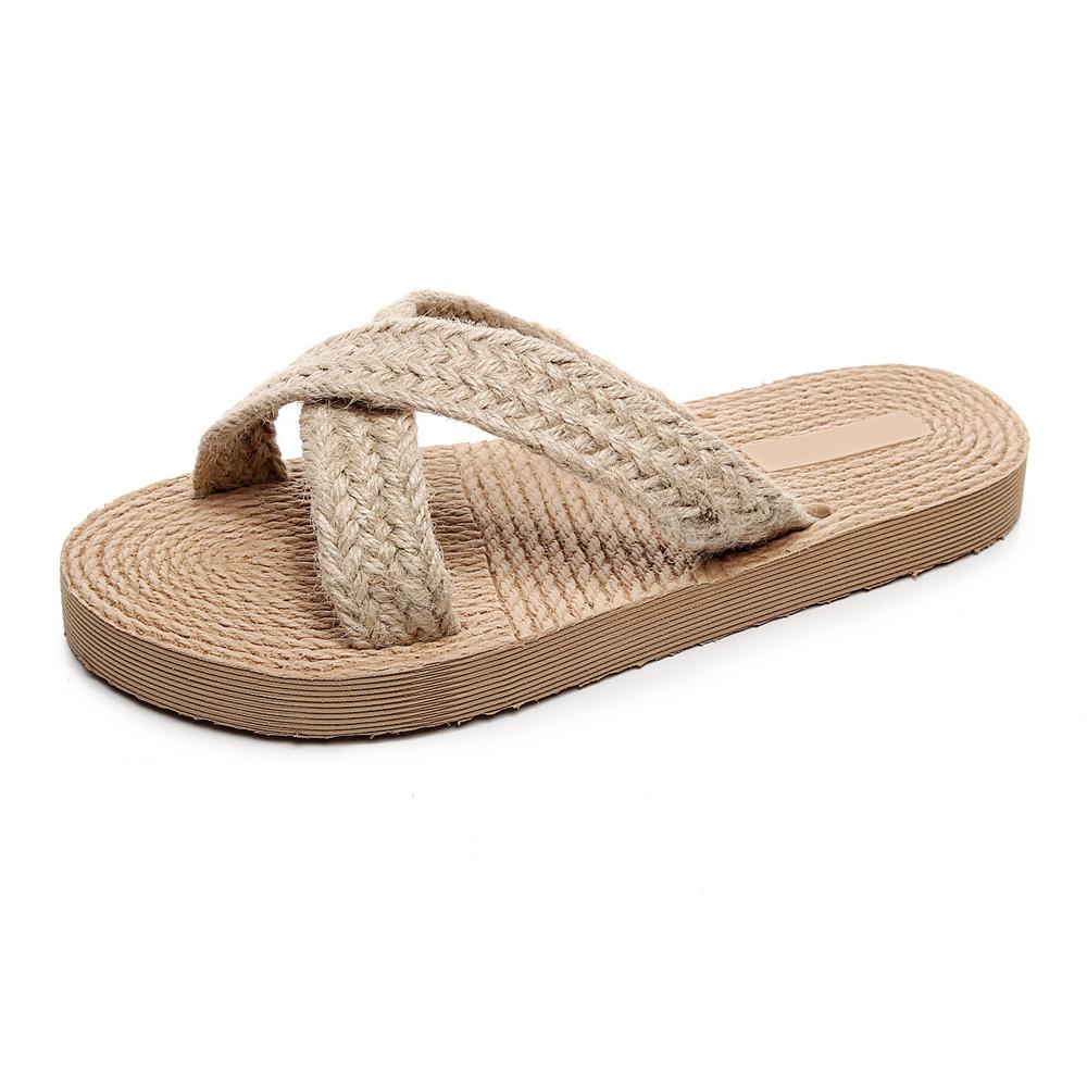 Ethno-Stil Imitat Strohflechten Reise Hanfsohle Damen Sandalen Koreanische Tide Oberbekleidung Flip-Flops Mode Strand Flacher Absatz Kreuz Damen Pantoletten