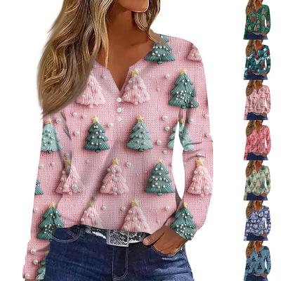 Women's Fashion Casual V-Neck Button-Up Long-Sleeve T-Shirt With Christmas Print Top