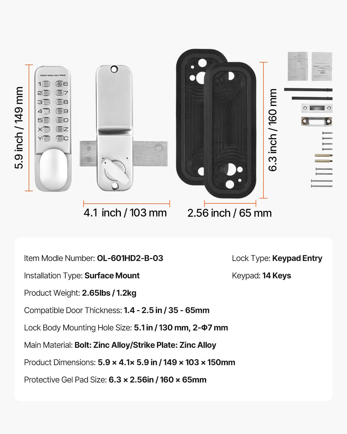 SucceBuy Mechanical Keyless Entry Door Lock 14 Key Mechanical Door Lock Mechanical Keypad Door Lock with Adjustable Thumb Knob серебряный