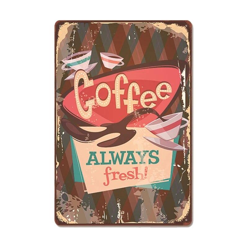 Vintage Fresh Coffee Plaque Metal Tin Sign Retro Drink Coffee Poster Wall Stickers for Cafe Shop Restaurant Home Room Decor