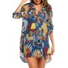 Damenmode bedrucktes, entspanntes, langärmliges, kurzes Strandblusen-Hemdkleid mit V-Ausschnitt