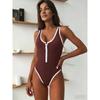 High Waist Monokini with Front Zipper Elegant Trendy Solid Color One Piece Swimwear Tummy Control Bathing Suit Summer Bodysuit