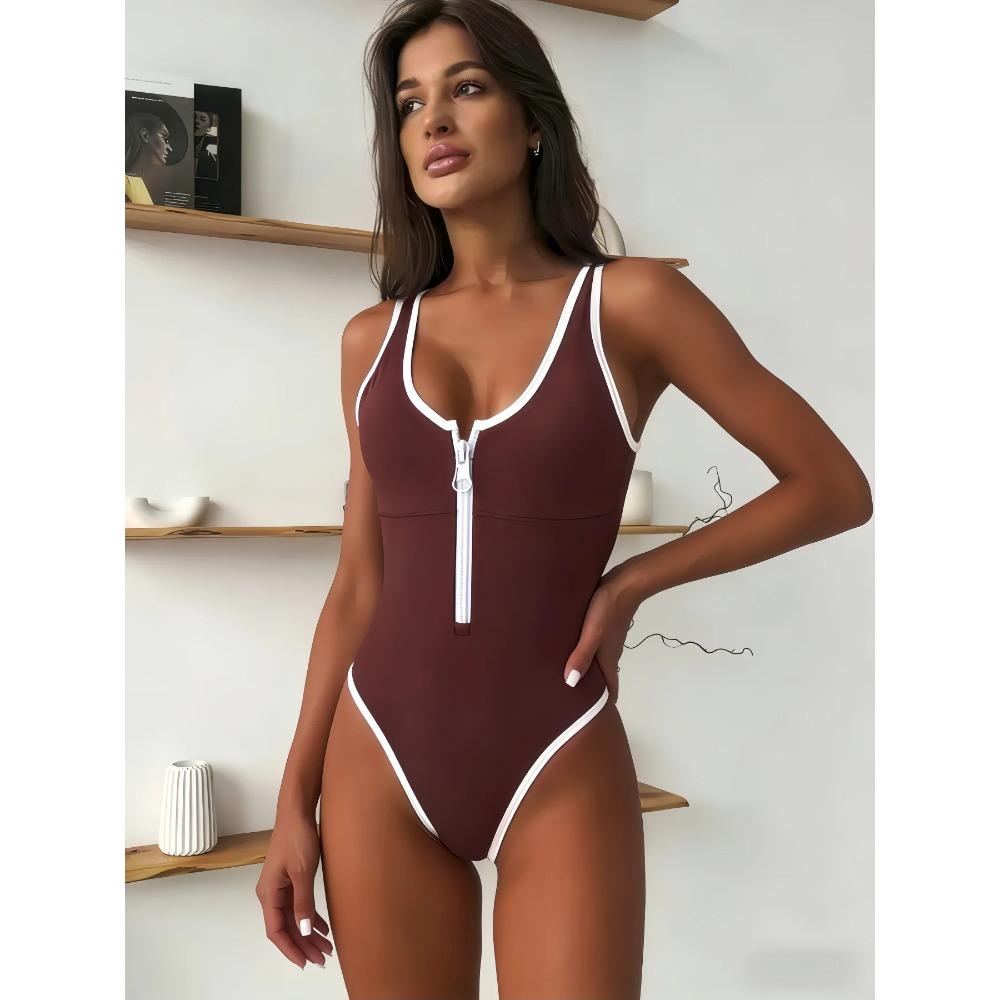 High Waist Monokini with Front Zipper Elegant Trendy Solid Color One Piece Swimwear Tummy Control Bathing Suit Summer Bodysuit