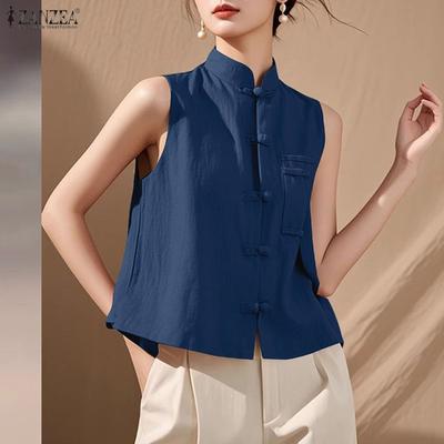 Women Summer Sleeveless Ethnic Buttons Up Casual Tank Tops