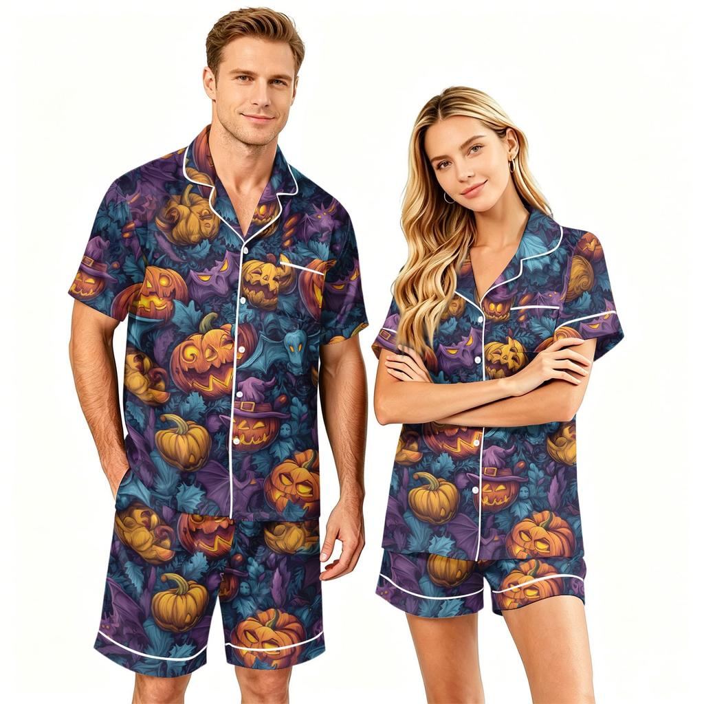 Couples Halloween Pajama Set Short Sleeve Button Down Shirt and Shorts Pajamas Soft Casual Sleepwear S To XXXXL Matching Loungewear