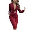 Women's Work Dress Long Sleeve Deep V Neck Bodycon Sheath Suit Dress Church Teacher Business Office Outfit with Square Buckle