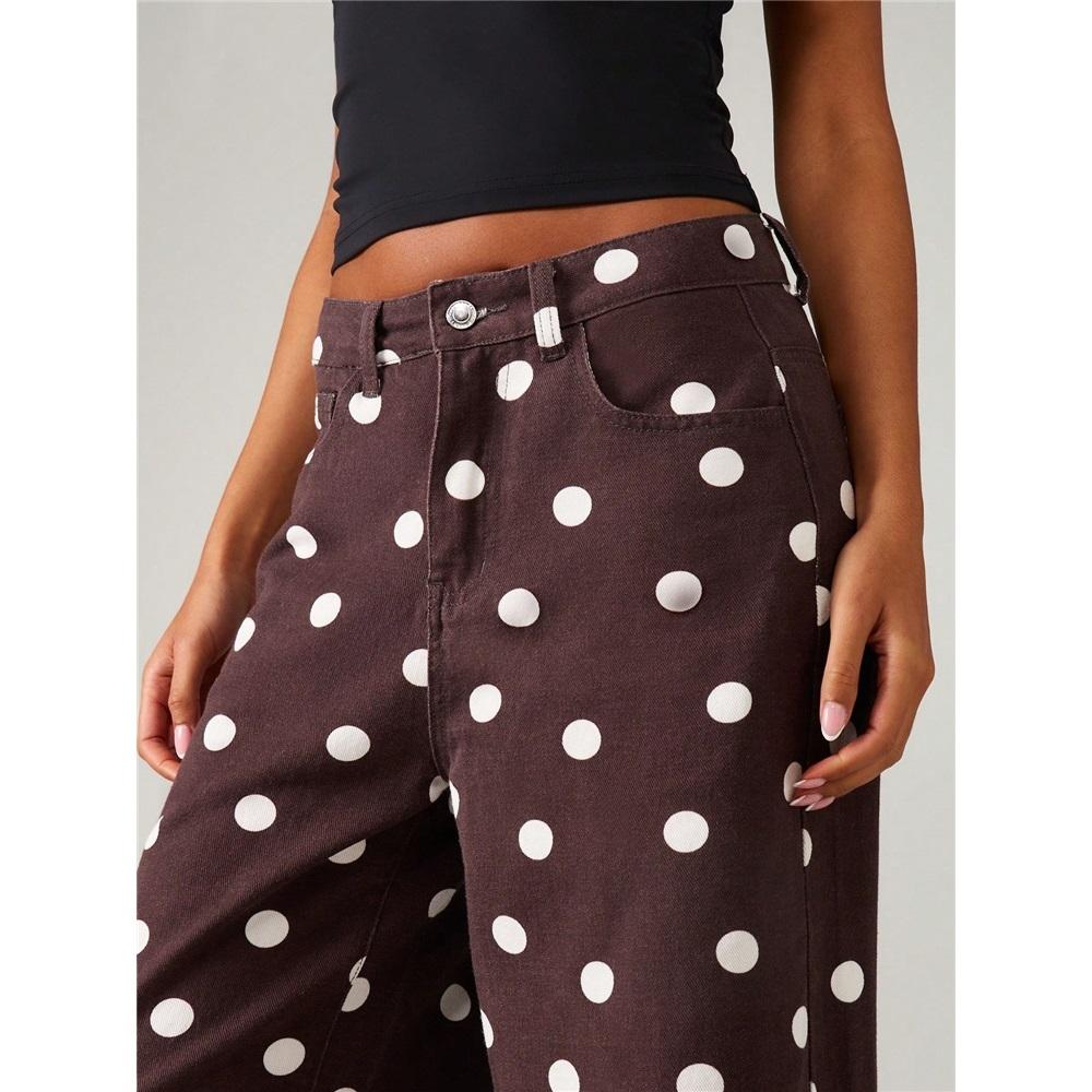 Fashionable Women's Polka Dot Loose Casual Mid-waist Denim Trousers