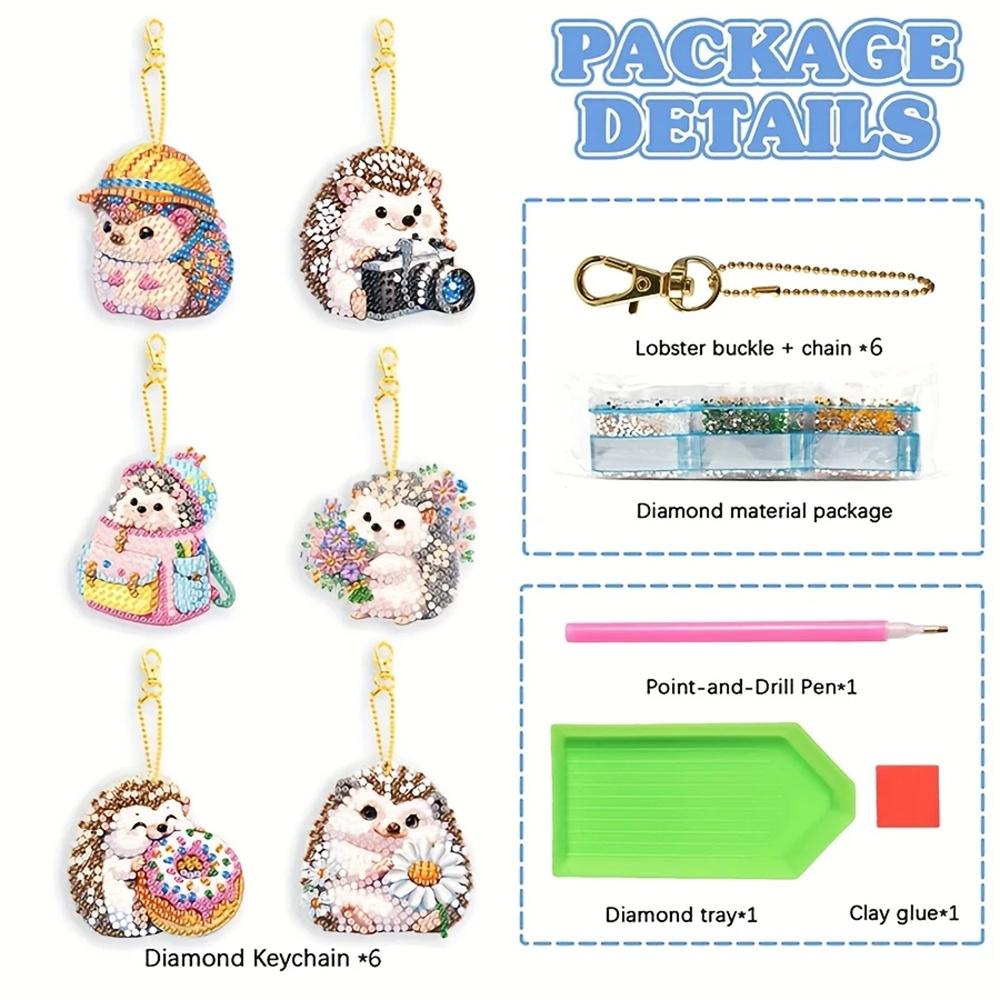 6Pcs/SetDIY Diamond Drawing Keychain - Animal Hedgehog Pattern, Suitable for Beginners, Diamond Kit Craft Supplies