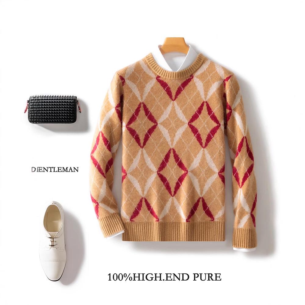 

Men s 100% Wool Geometric Color Block Sweater - Autumn/Winter Thick Knitwear 2XL верблюд