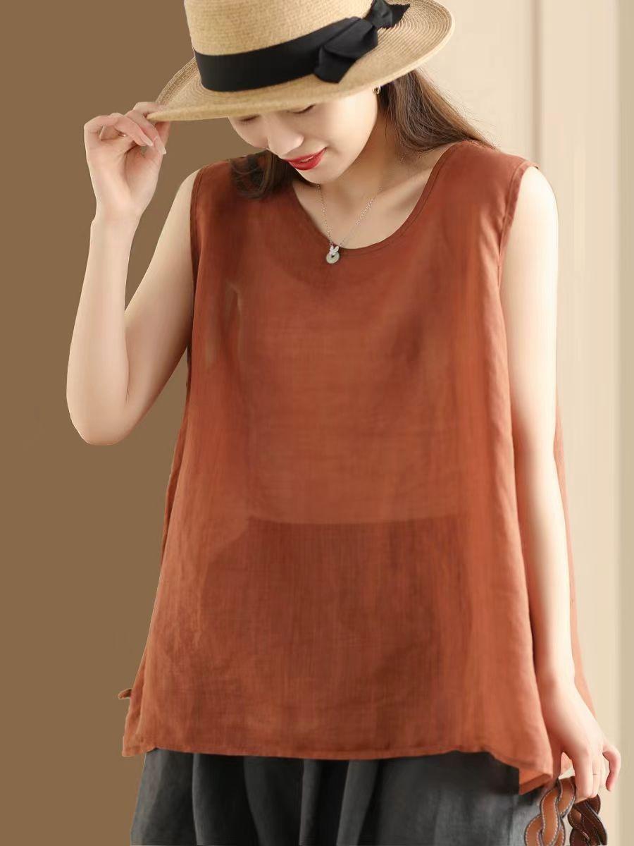 

Johnature Женские винтажные майки-топы, однотонные, летние, с круглым вырезом, без рукавов, на пуговицах, повседневные женские майки-топы One Size оранжевый