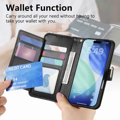 Wallet Case for iPhone 17/16e/16 Plus/15/14/13/12 Pro Max Lanyard Zipper Dual Card Holder Flip Stand Magnetic Buckle Cover