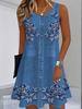 Standard dress for summer, milk thread fabric, digital print slip dress with faux denim, sleeveless straight-leg loose fit