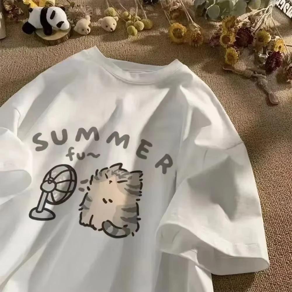 Americký Street Creative Foukací Ventilátor Kočka Čistá Bavlna Tričko pro Muže Ženy Léto Uvolněný Krátký Rukáv Pár Oblečení Harajuku Top Tričko