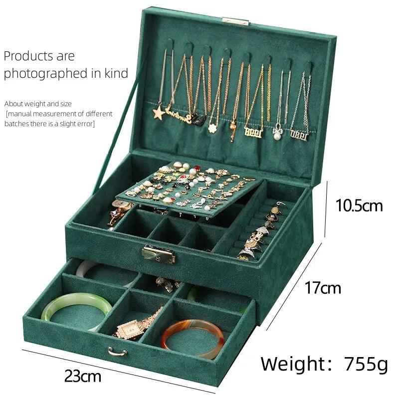 Pánské a dámské vintage šperkovnice, úložné boxy s velkou kapacitou, luxusní šperkové prostory, jemný měkký tmavě zelený samet