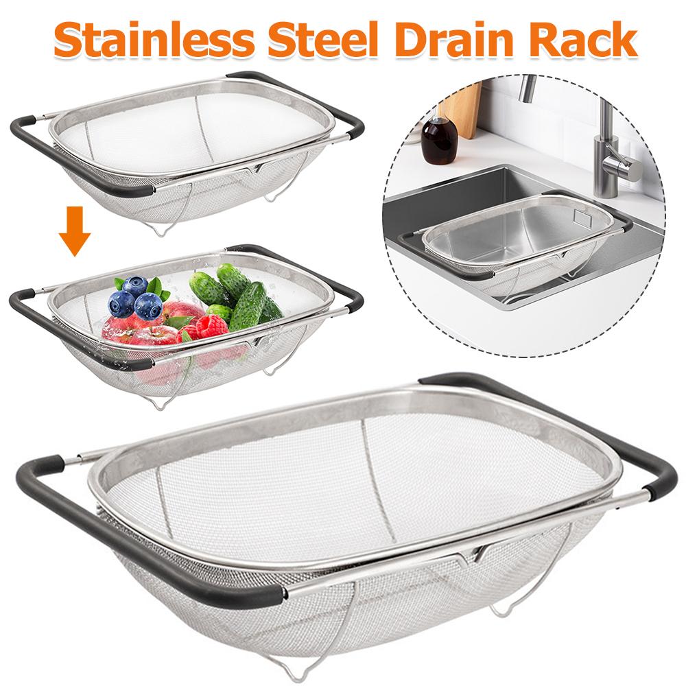 Stainless Steel Colander Strainer with Expandable Handles Collapsible Filter Basket Rectangular Fine Mesh Sieve Kitchen Supply