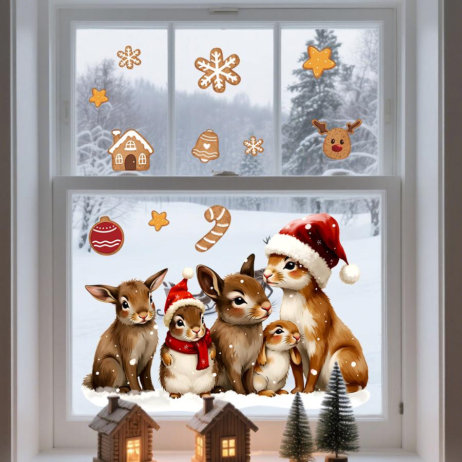 Charming Rabbit Family Gingerbread Christmas Wall Stickers Removable Self-Adhesive For Kids Room Living Room Bedroom Cafe Decor