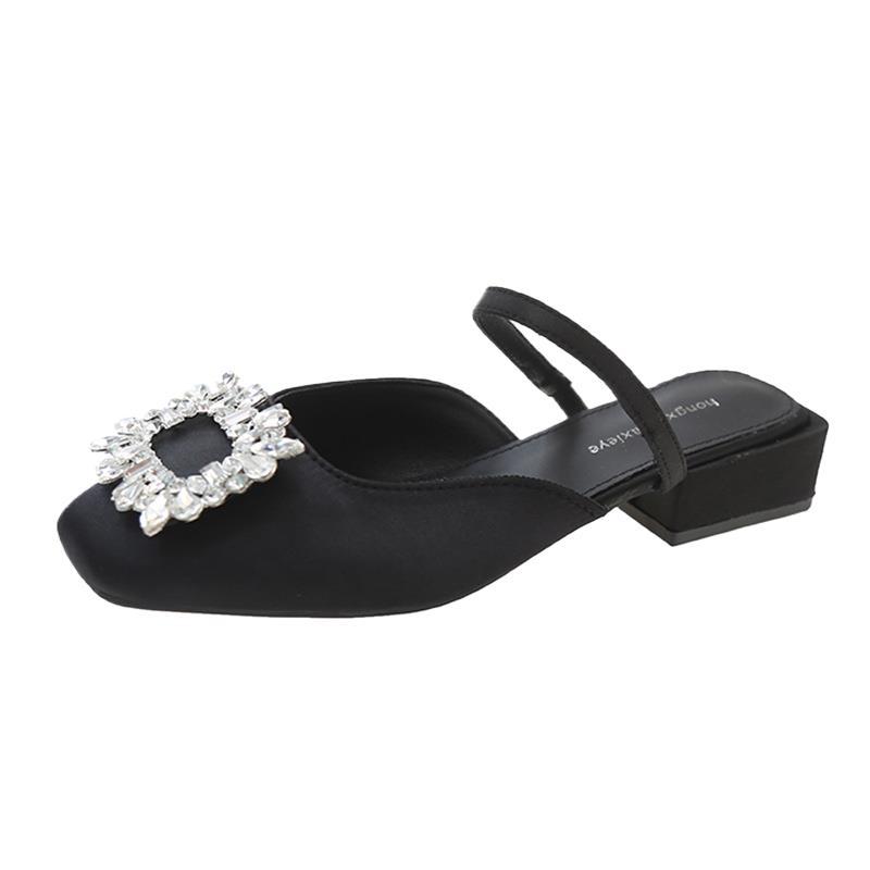 Baotou Half Slippers Women's Summer Wear Silver Rhinestone Sandals 3 Cm Small Heel Thick Heel Square Head Mueller French Sandals