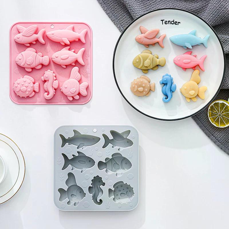 7 Cavity Different Marine Fish Silicone Mold Seahorse Puffer Fish Shape Fondant Candy Chocolate Mould Animal Cake Decoration