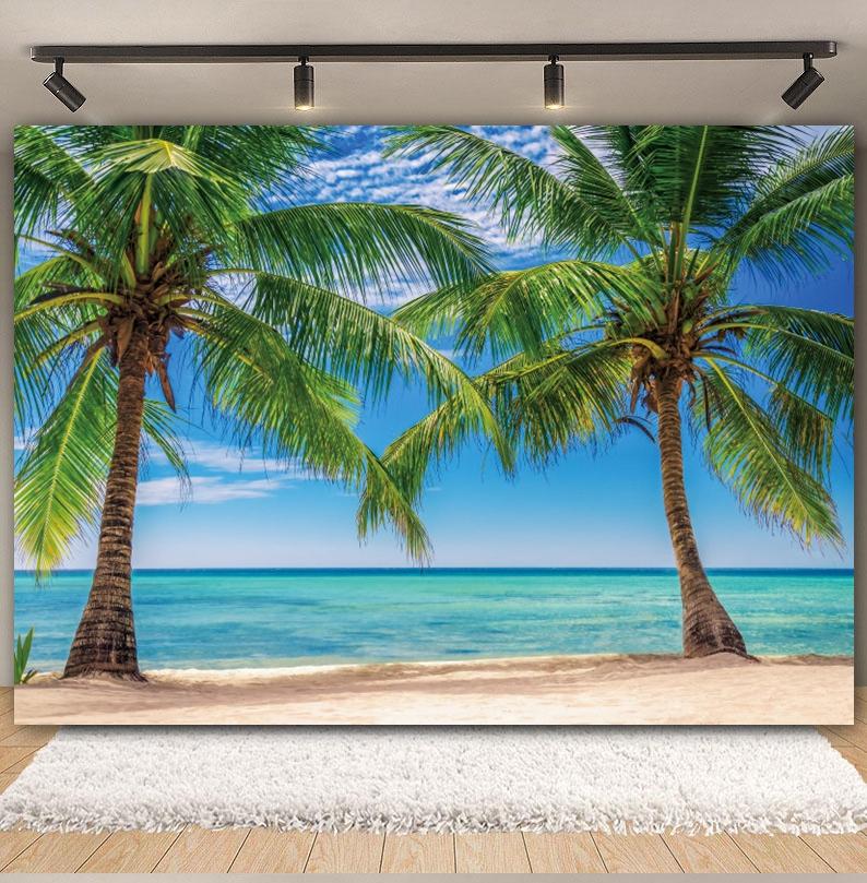 Tropischer Strand Hintergrund für Fotografie Sommer Hawaii Blaues Ozeanwasser Meeresufer Palme Kinder Feiertagsparty Foto Hintergrund Dekoration