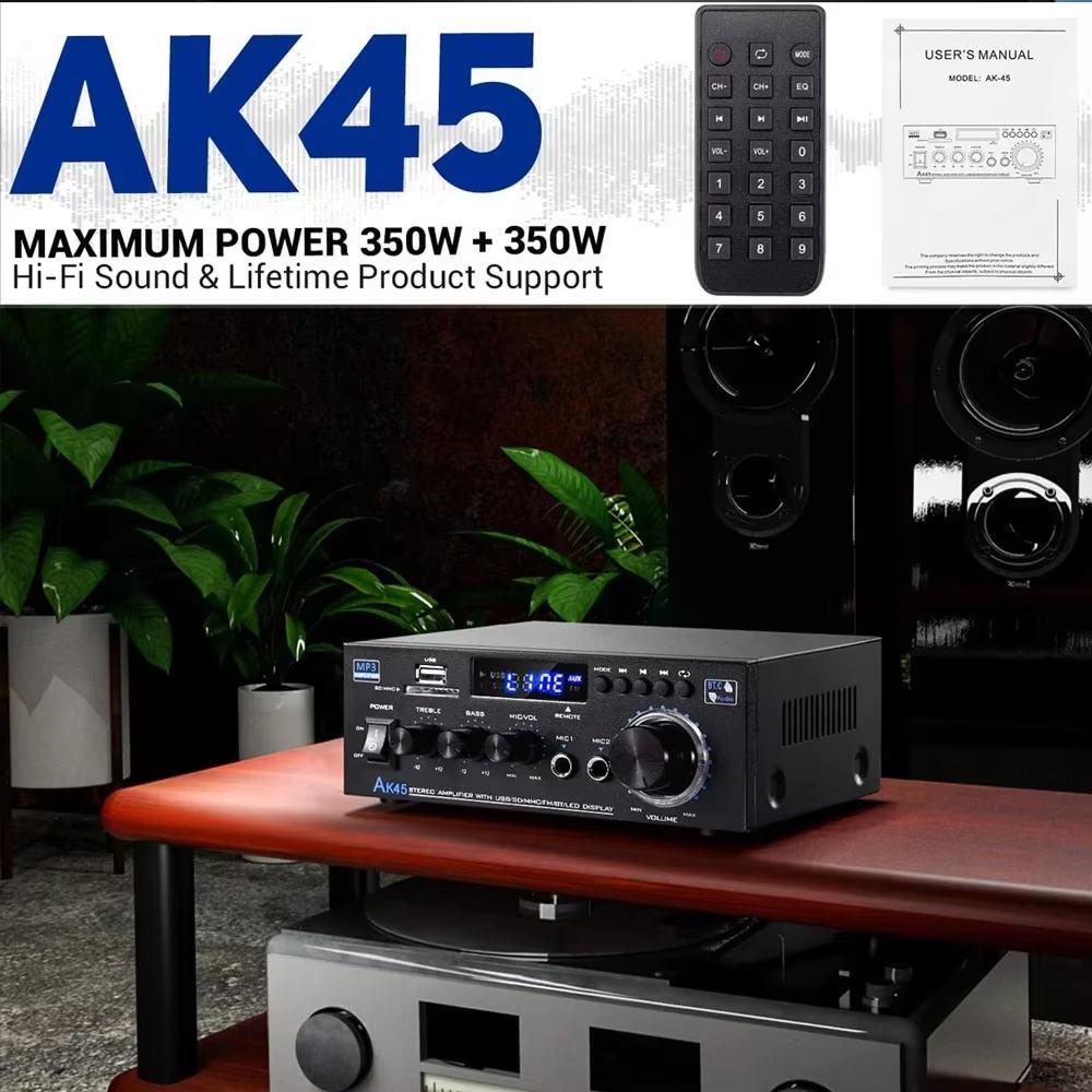 AK45 Zosilňovač výkonu HiFi Stereo zosilňovač Kanál 2.0 Maximálny výkon 90Wx2 Bluetooth Zosilňovač pre domáce kino Zosilňovač do auta De Audio