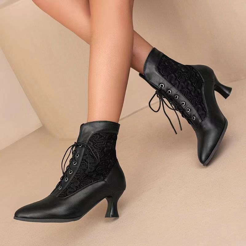 Autumn and winter new European and American style lace lace wine glass middle heel front strap pointed women's short boots
