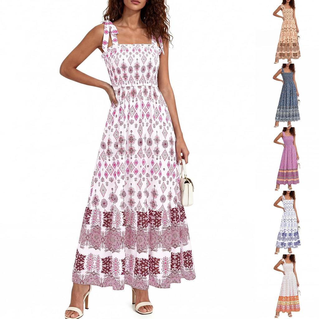 Women's Sleeveless Printed Strap Dress Smocked Waist Maxi Dress Lightweight Bohemian Style Summer Dress with Adjustable Shoulder Ties