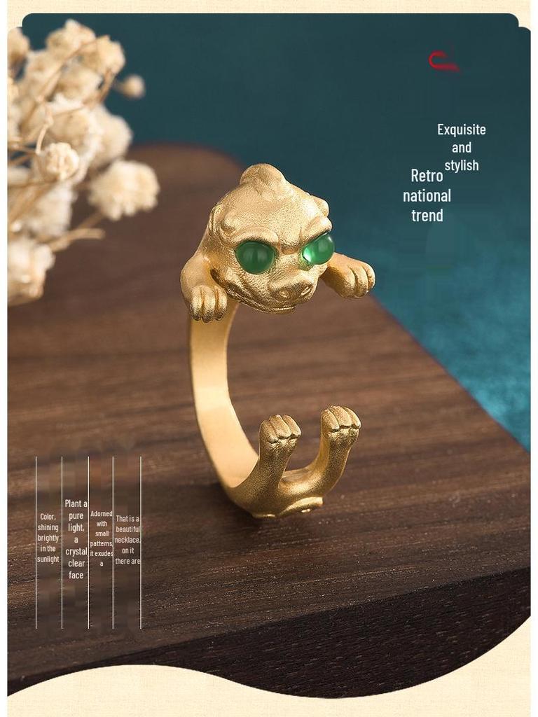 2022 Year of the Tiger Gold Plated Chalcedony Agate Pixiu Ring: Chinese Style Retro Thumb Ring