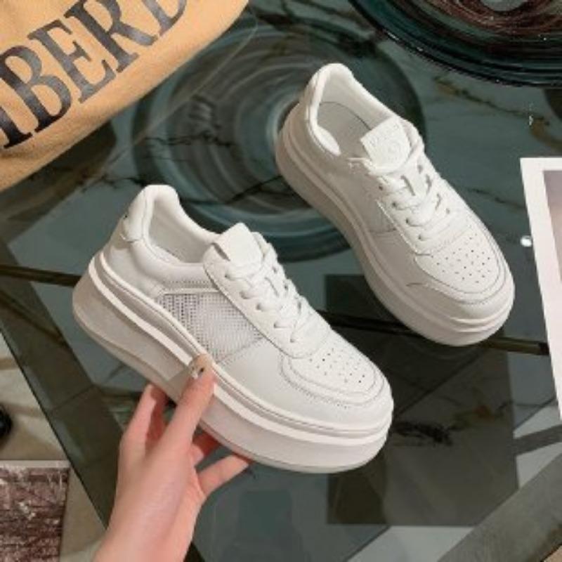 Real soft leather little white shoes for women's autumn new round head lace-up muffin thick sole to increase the height of casual versatile women