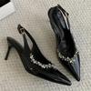 Fashion Sexy Fashion Black Patent Leather Strap with Pearl Pointed High Heels Women Shoes Casual Back Buckle Pumps Summer 2025