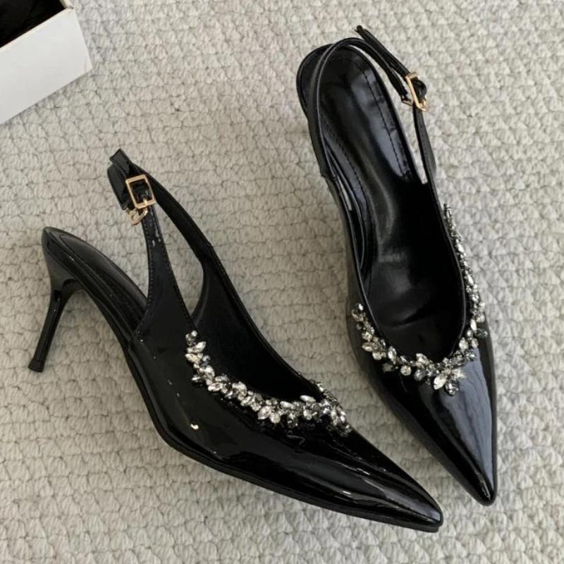 Fashion Sexy Fashion Black Patent Leather Strap with Pearl Pointed High Heels Women Shoes Casual Back Buckle Pumps Summer 2025