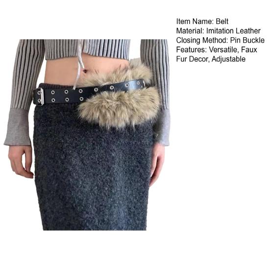 Women Belt Adjustable Length Imitation Leather Belt with Faux Fur Decor Dress Shirt Tops Waistband Fashion Accessories