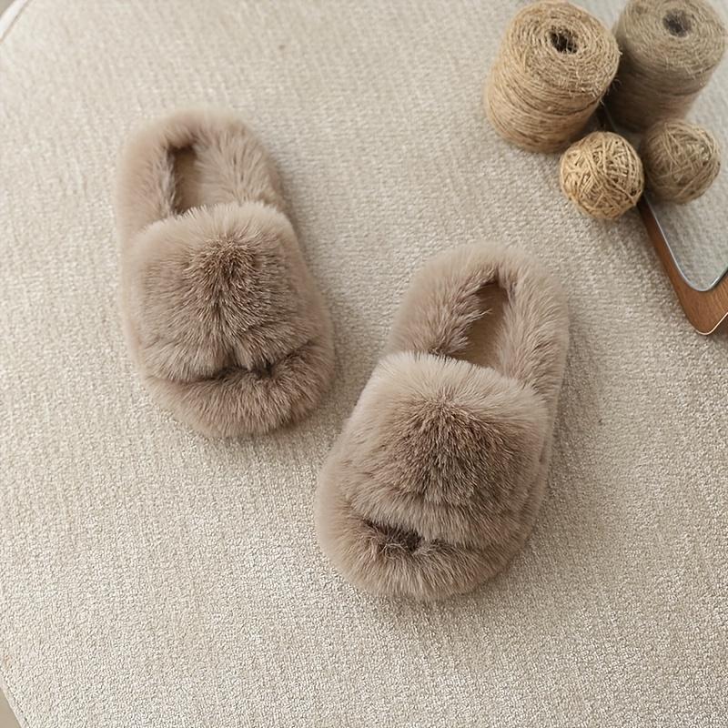 Youngsters' Fashionable Double Strap Indoor Home Slippers - Soft Fabric Slip-Ons with Plush Faux Fur Sole,Round Toe&Lightweight Design for Youngsters