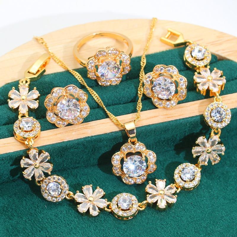 Flowers Korean Edition Jewelry Europe and The United States Hot Zircon Bracelet Earrings Ring Bride Jewelry Set