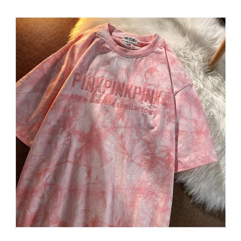 

Вышитые топы тай-дай для пар и женщин: Летние свободные футболки с коротким рукавом 2022 XXL розовый