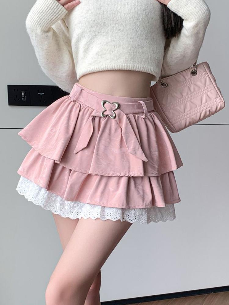 Women Pink A-line Pleated Skirt Vintage Fashion 90s Aesthetic Y2k Mini Cake Skirt Harajuku Korean Lolita Skirt 2000s Clothes