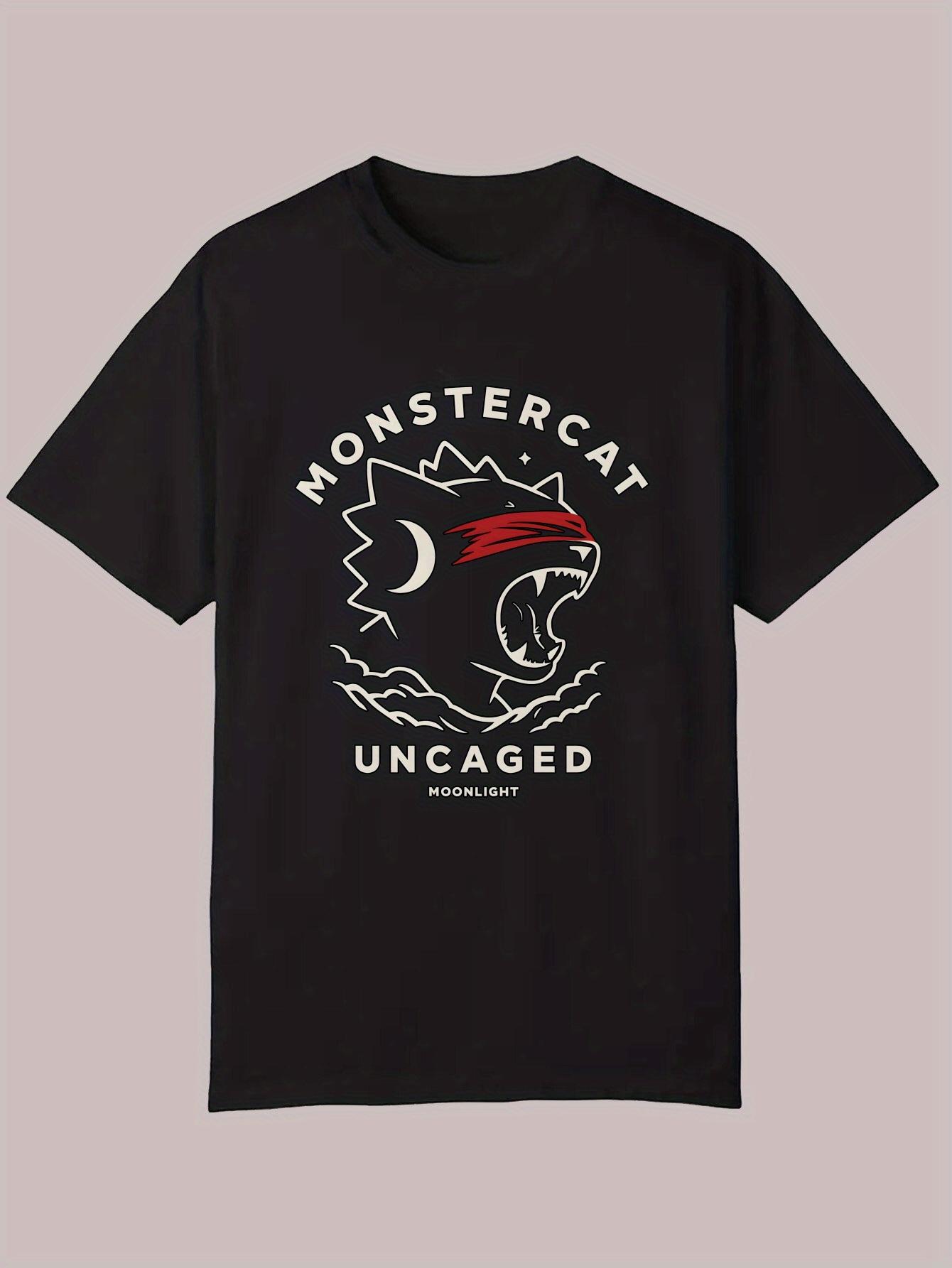 Monster Cat Graphic T-shirt - Black Casual Summer Tee with Red & White Design L