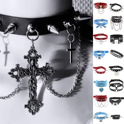 1Pc Punk Women Harajuku Heart Religion Cross PU Leather Choker Necklaces Punk Gothic Spike Rivet Collares Bell Torques Jewelry