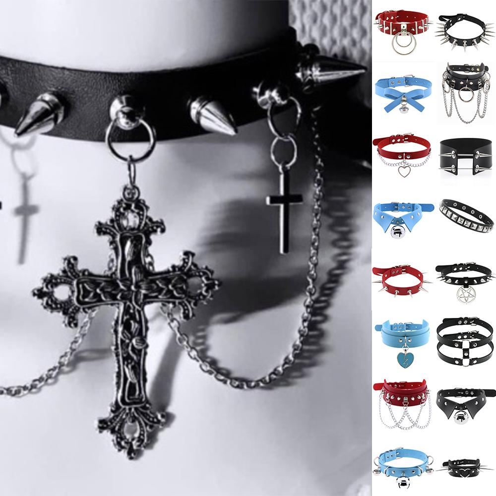 1Pc Punk Women Harajuku Heart Religion Cross PU Leather Choker Necklaces Punk Gothic Spike Rivet Collares Bell Torques Jewelry
