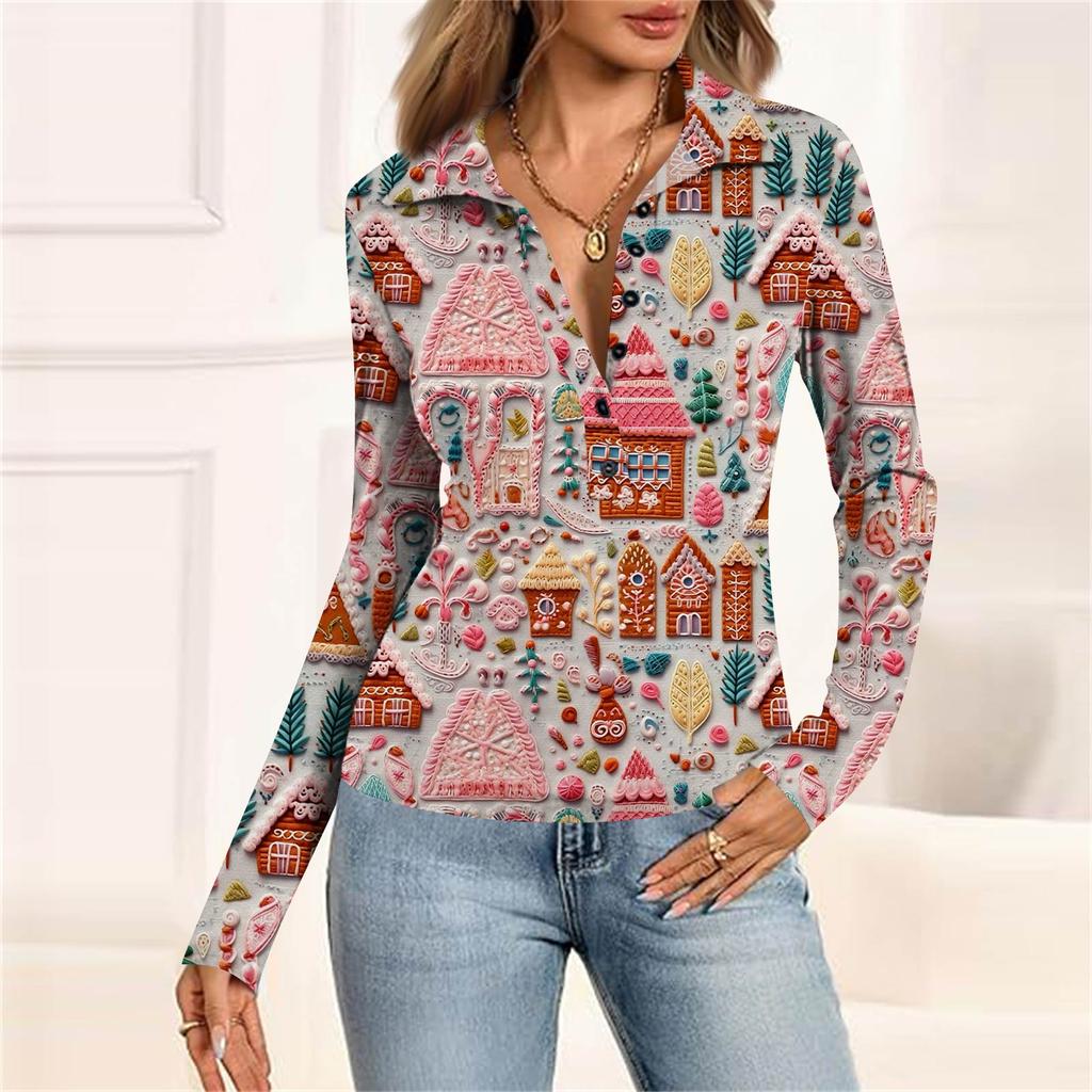 Damska Moda Casual Drukowana Bluzka z Dekoltem w Serek, Długim Rękawem, Zapinana na Guziki