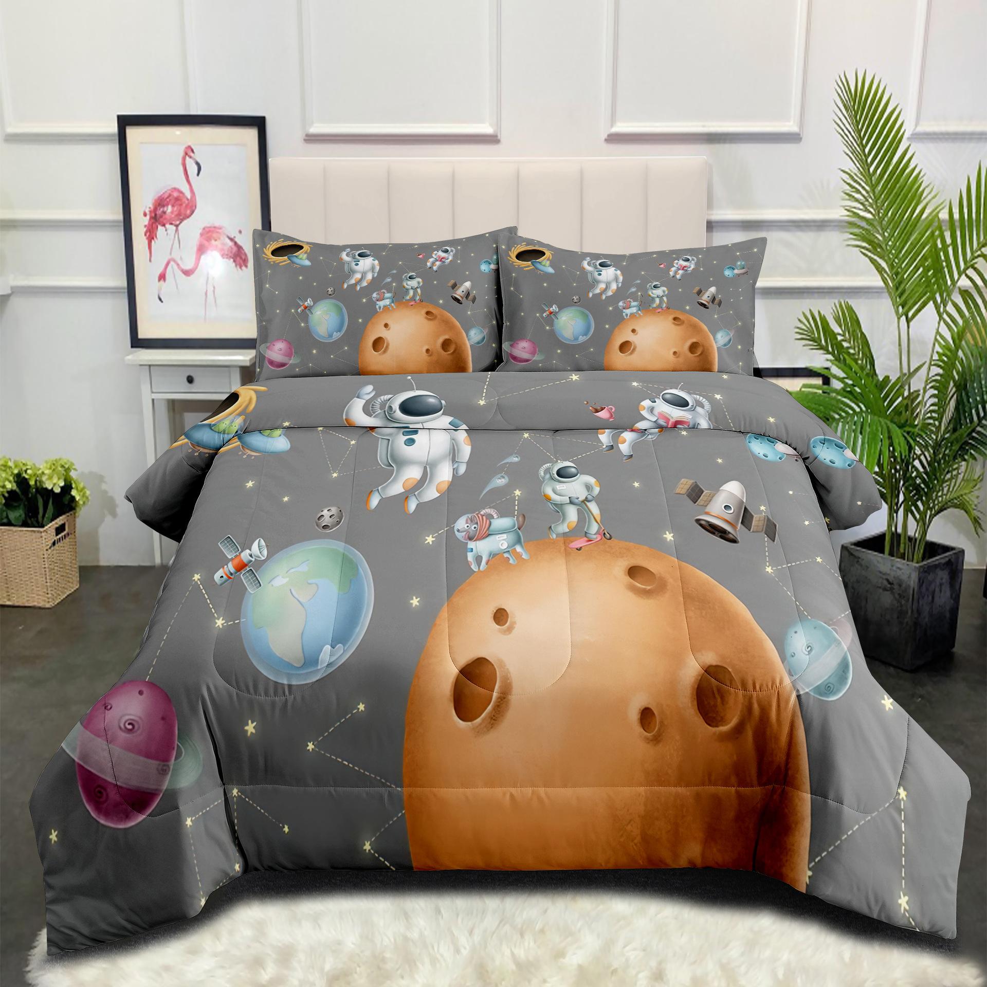 Astronaut Planet Galaxy Fat Quilt Bedding Starry Sky Home Textiles Printed Duvet Cover Three-piece Set 140*200cm