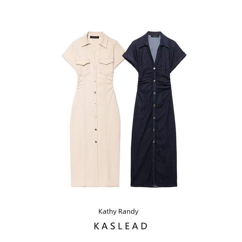 Kaslead New Arrival Women's Clothing Fashion Style Fashion Short Sleeve Lapel Denim Midi Skirt Dress 2284576